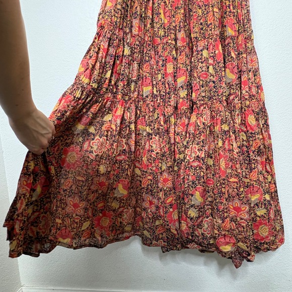 Free People Getaway Red Floral Print Tiered Maxi Dress Smocked XS - Picture 7 of 10